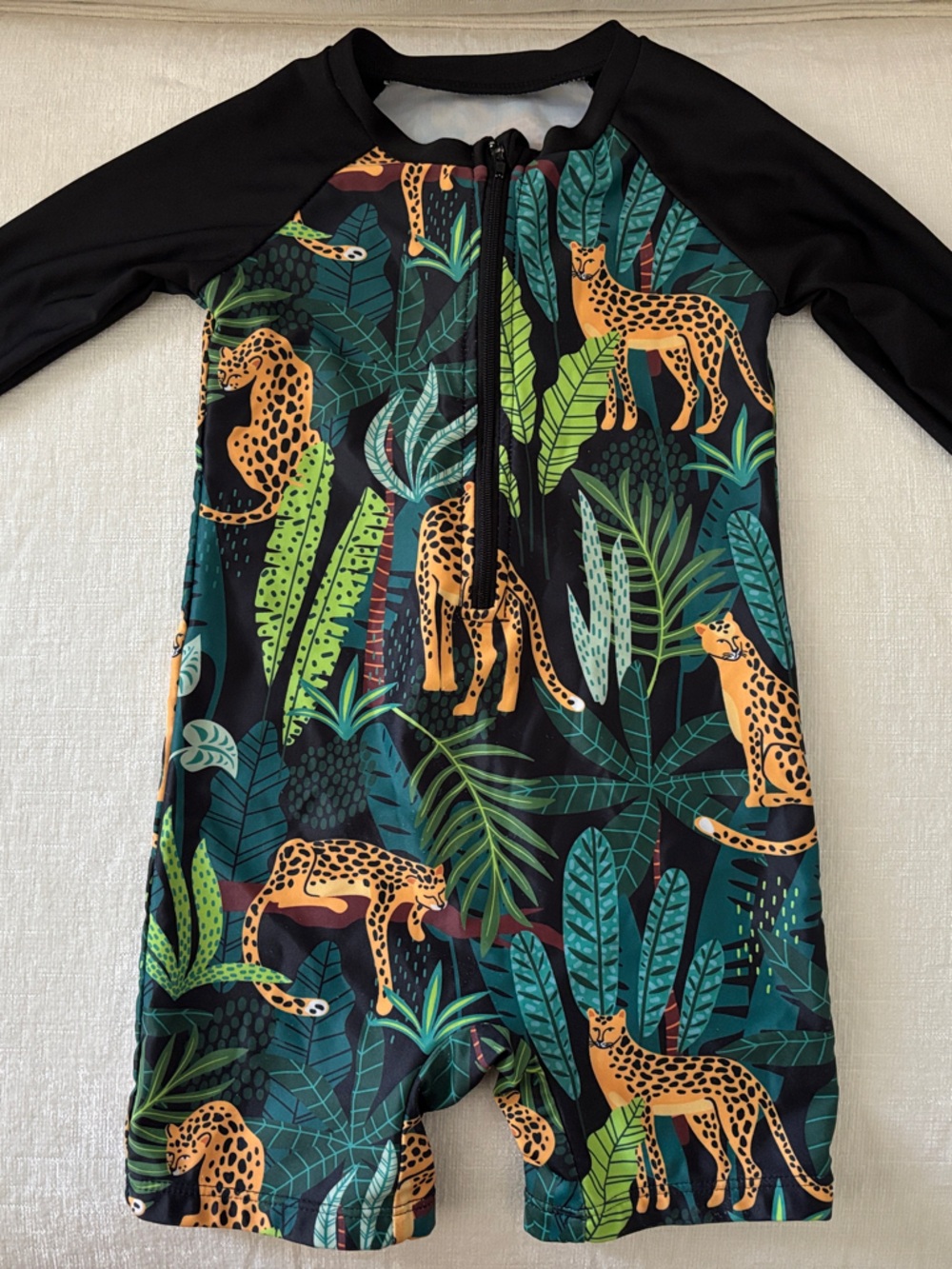 SHEIN Black Rashguard Swimsuit with Green Jungle & Gold Leopard Print
